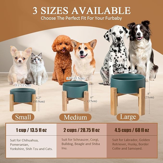 Elevated Ceramic Large Dog Bowl - Raised Dog Dish with Bamboo Stand - Heavy Weighted, No Tip Over, Comfortable Eating - 8.4" Diameter - 4.5 Cups - 68 fl oz - Grey