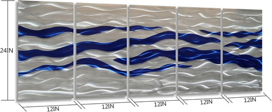 SYGALLERIER Abstract Coastal Metal Wall Art Handcrafted Big 3D Blue and Silver Artwork Modern Sea Waves Pictures Contemporary Sculpture for Living Room Bedroom Bathroom Decor