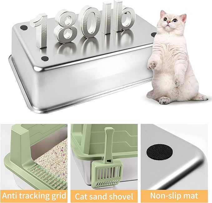 Stainless Steel Litter Box, XXXL 27.6" H x 19.7" W x 11.8" H Extra Large Metal High Sided Cat Litter Box with Scoop, Leak-Proof, Easy Clean for Big Cats/Multiple Cats (Green)