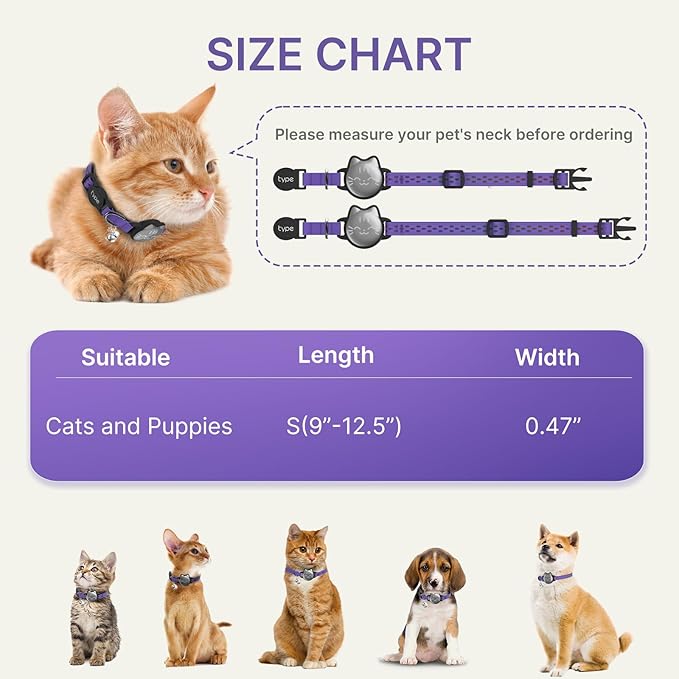 Waterproof Airtag Cat Collar, Breakaway Cat Airtag Collar with Luminous & Reflective Pattern Strap, Lightweight Kitten Collars for Apple Air tag, Hidden Holder for GPS Tracker - Cats, Kittens (9-13")