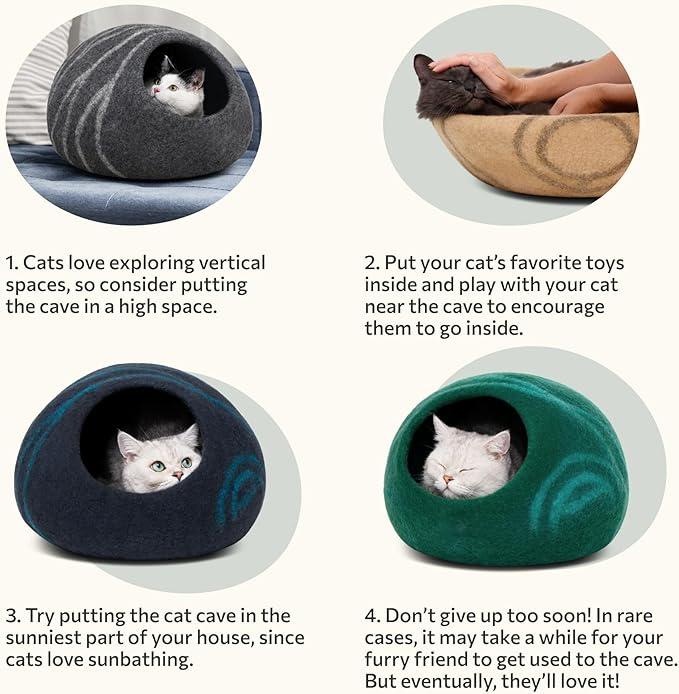 MEOWFIA Cat Cave – Premium Felt Cat Bed for Indoor Cats, Handmade 100% Merino Wool (Beige, Medium)