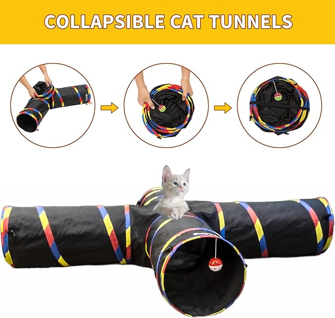 Dia 10" Interactive Cat Tunnels with 4 Way Design, Cat Tunnel for Indoor Cats Play & Exploration, Collapsible Crinkle Kitten Tubes for Ferrets, Rabbits, and Small Dogs Fun