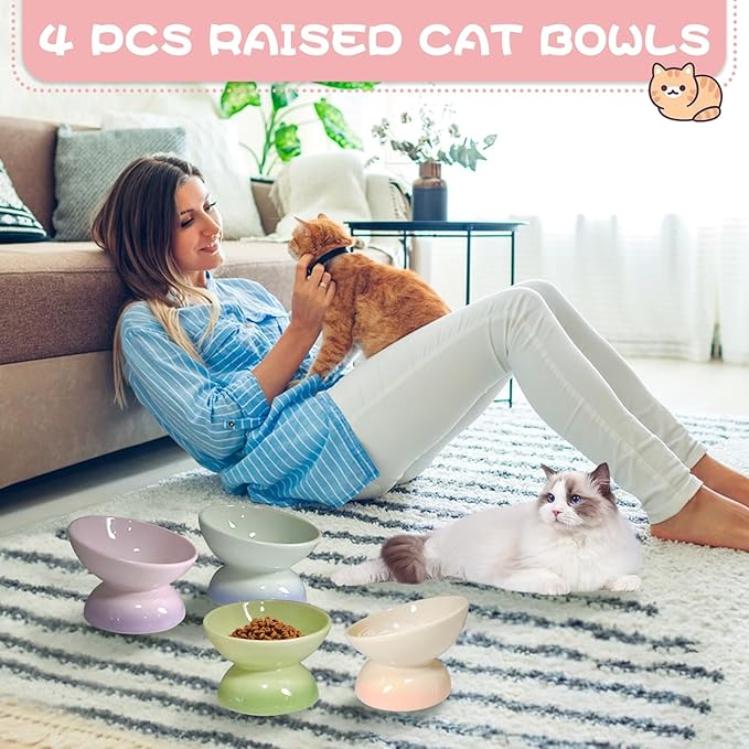 kathson 4 Pcs Ceramic Raised Cat Bowls, Elevated Tilted Cat Food Bowl, Anti Vomiting Pet Food Bowl, Colorful Porcelain Pet Feeder Dish for Cats and Small Dogs,Stress Free, Whisker Fatigue