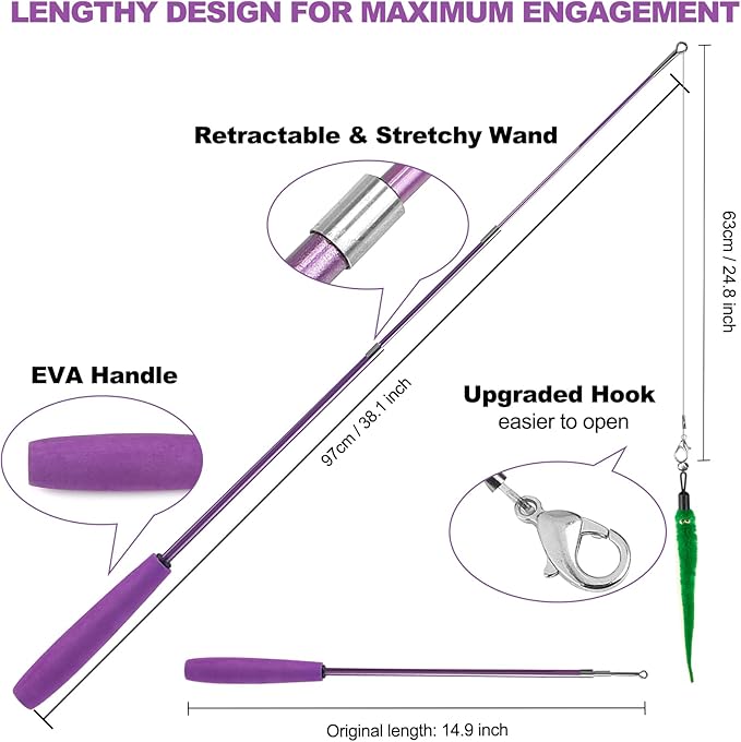 11PCS Cat Wand Toy, Cat Interactive Toys for Indoor Cats, 2 Retractable Cat Wand, 7 Worm Cat Teaser Toys and 1 Plush Fish Cat Toy, Cat Feather Toys for Play Chase Exercise with Kitten, Extra 1 Line