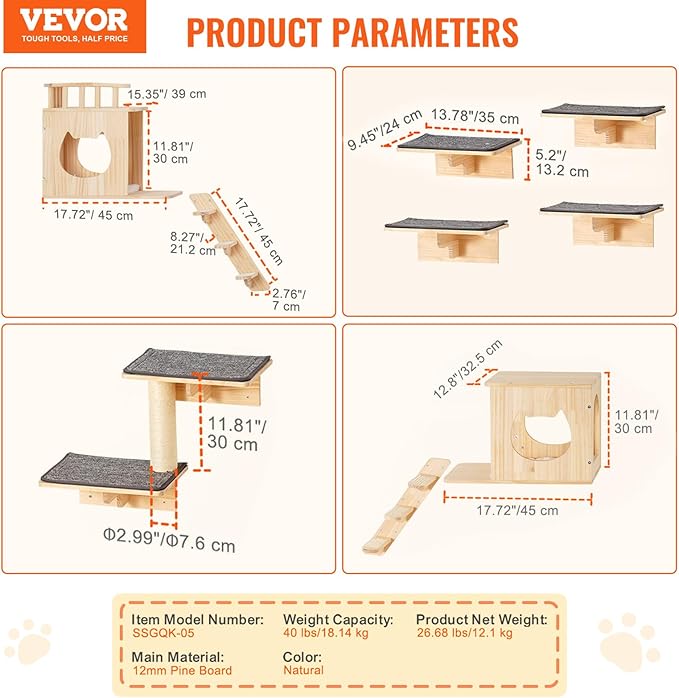 VEVOR Wall Mounted Cat Shelves, Perches with Jumping Boards,Hammocks & Cat Tree, Cat Furniture and Shelves up to 40 lbs for Sleeping, Playing, Climbing, Set of 9