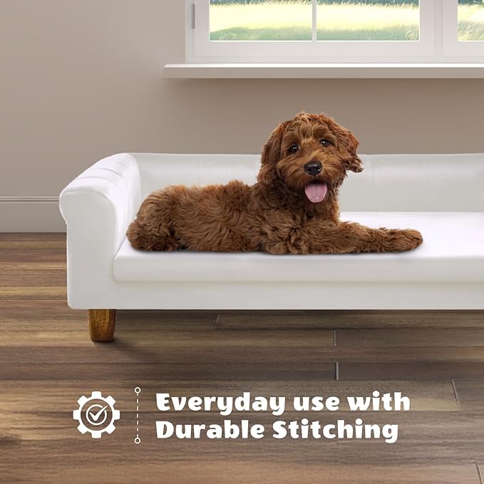 Critter Sitters 42-In. Elegant Cream Faux-Velvet Rectangular Dog Sofa for Medium and Large Dogs, Durable Elevated Dog Sofa Bed, Comfortable Dog Couch, Modern and Stylish Dog Sofa for Large Dogs