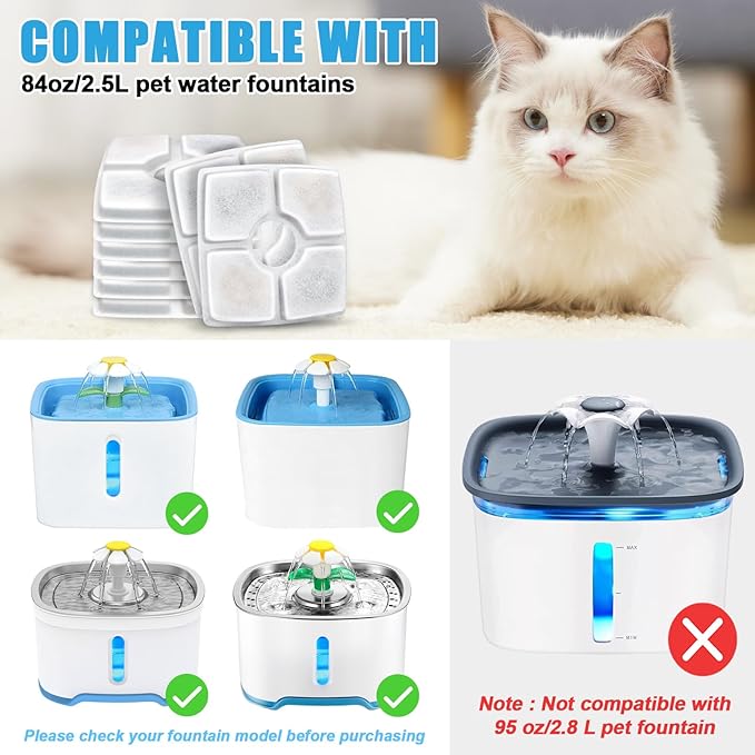 Cat Water Fountain Filter Replacement, 10 Pack Cat Fountain Filters Compatible with Top Square 84oz/2.5L Automatic Pet Fountain Dog Water Dispenser, 3 Filtration System Replacement Pet Filters