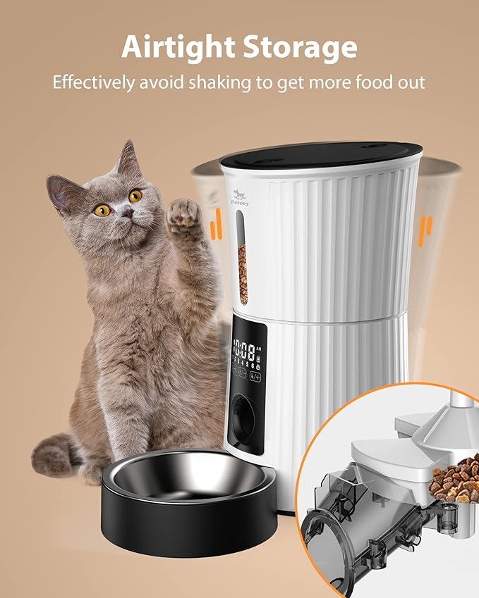 Petory Automatic Cat Feeders - 4L Timed Cat Feeders for Dry Food Built-in Battery up to 6 Meals with Desiccant Bag Support Dual Power 10S Recorder