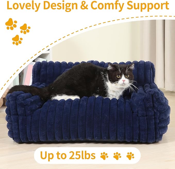 Extra Wide Fluffy Cat Bed, Small Dog Bed with Bone Shaped Pillow, Anti-Anxiety Pet Couch with Washable Cover, Blue