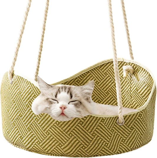 Breathable Pet Cage Hammock with Metal Hooks, Rattan and Bamboo Woven Cat Hammock for Kittens, Rabbits, Small Dogs, Cat Hanging Bed for Cage (Green)