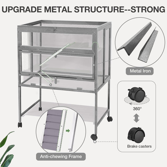 Guinea Pig Cage, Moveable Metal Frame Hamster Cage Anti-Chewing with Aluminium Alloy Edge, Hideouts, Ramps, Seesaws Chewing Toy, Deeper Pull-Out Leakproof Tray for Indoor Outdoor(Grey