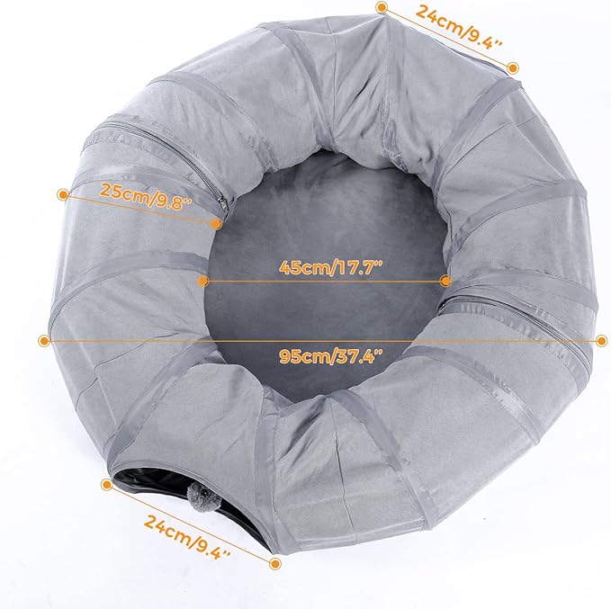 PAWZ Road Cat Tunnel Bed Large Cat Donut Tunnel for Indoor Cats, Collapsible Cats Tube with Central Mat, Peek Hole and Cat Toy Hanging Balls