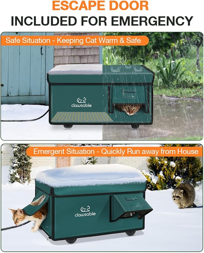 Indestructible Heated Cat House for Outside Cats Winter, 100% Weatherproof, Safe Escape Door, Insulated Outdoor Cat Shelter with Heater for Feral Barn Cat Kitty (Forest Green, 26"x16"x14")