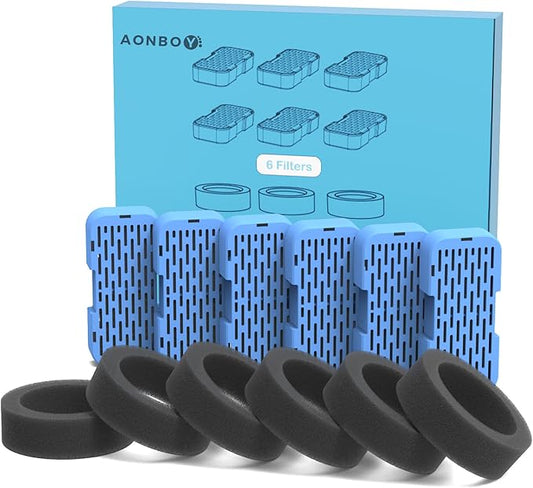 AONBOY Cat Water Fountain Filters, 6 Filters + 6 Cat Fountain Sponge, Suitable for AONBOY Pet Fountain S3-SC, Multiple Filtration, Isolates Floating Hairs and gets rid of Odors