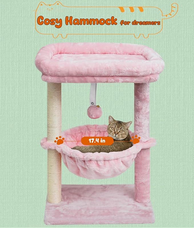 SYANDLVY Small Cat Tree for Indoor Cats, Activity Cat Tower with Scratching Post for Kittens, Modern Cat Furniture with Basket & Hanging Ball for Play Rest, Pink