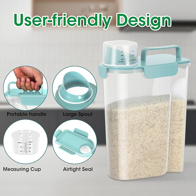 TBMax Rice Container 2 Pack, Airtight Cereal Container Oatmeal Storage with Easy-pouring Spout & Handy Cup for Flour Grain Beans, Pet Dog Cat Bird Food Storage Dispenser-Sky Blue