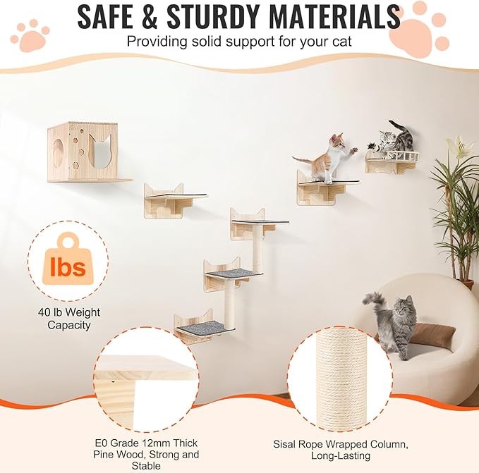 VEVOR Wall Mounted Cat Shelves, Wall Shelves and Perches with Jumping Boards, Nest, Barrier Board & Cat Tree, Cat Floating Furniture up to 40 lbs for Sleeping, Playing, Climbing, Set of 5