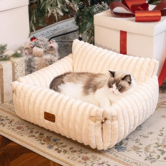 Cat Couch Bed for Indoor Cats Fluffy Cat Sofa Recliner with Removable Washable Cover Cute Pet Lounge Suitable for Puppy Kitten (Off-White)