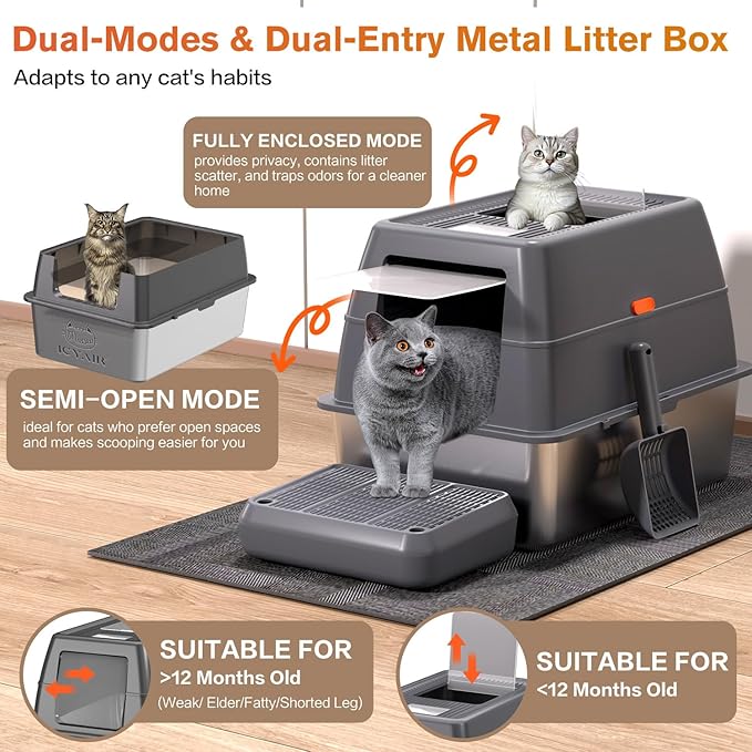 XXXL Stainless Steel Litter Box with Lid, Extra Large 28" Lx20 Dx18.1 H Litter Box for Big Cats, Enclosed Jumbo Metal Litter Boxes with Removable Cover & Footboard, Anti-Leakage,Odorless