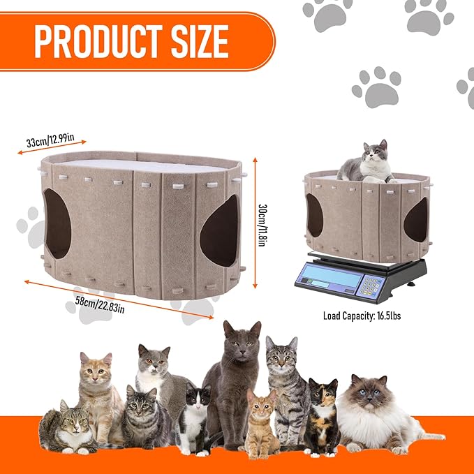 Cat House for Indoor Cats, Double Layer Cat Bed Cave, Large Space Cat Enclosed Bed for Home, Easy Assembly (Khaki, Large)
