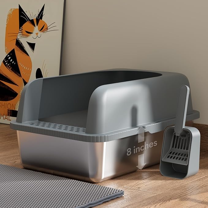 Stainless Steel Cat Litter Box with Lid, 24" L x 16" W x 11.8" H, Large Cat Litter Box for Multiple Cats with High Sided, No-Leak & Stick, Easy to Clean, Includes Litter Mat & Multi Functional Scoop