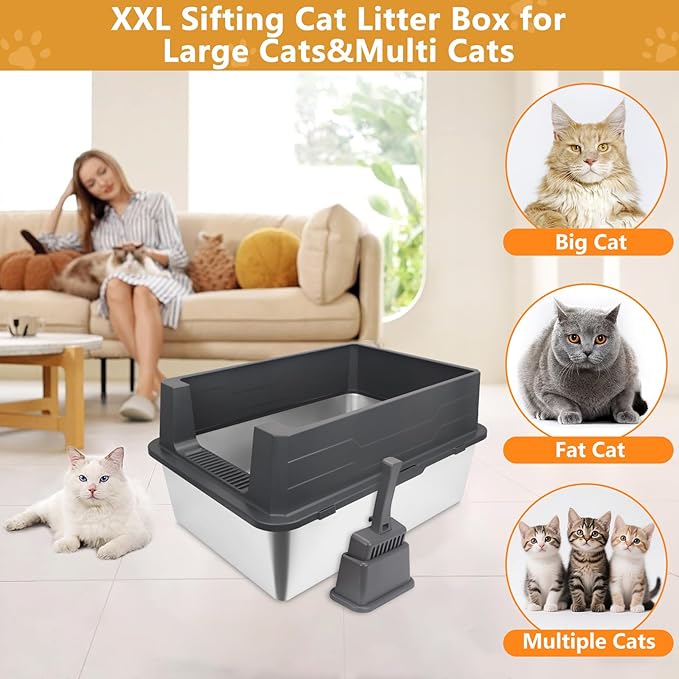 ELEGX Enclosed Pine Litter Sifting Cat Litter Box, XXXL Extra Large 28" L×20" W for Big Cats,Metal Litter Box with Screen Mesh,High Sided Enclosure,25 Pack Litter Bags & Scoop,Easy Cleaning