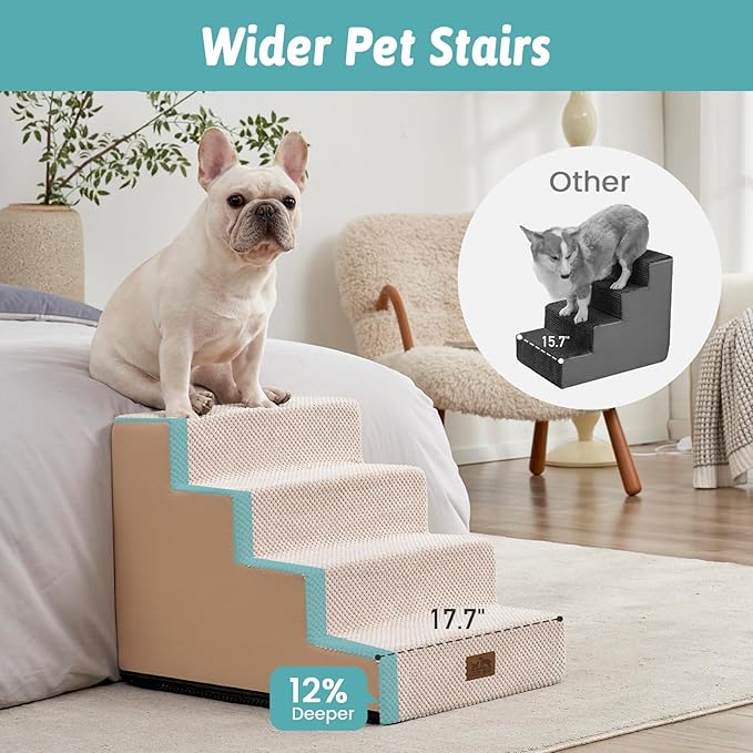 Dog Stairs for Small Dogs, Wider Pet Stairs for High Beds, Non-Slip Dog Steps for Old Cats, Puppies, Small and Medium Dogs (Beige, 17.7x23.6x17.7 inch, 4.0)
