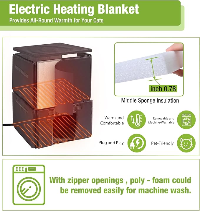 GUTINNEEN 2-Story Heated Cat House, Insulated Cat House Outdoor with Electric Heating Blanket, Waterproof Wooden Cat Shelter with Bite-Resistant Wires