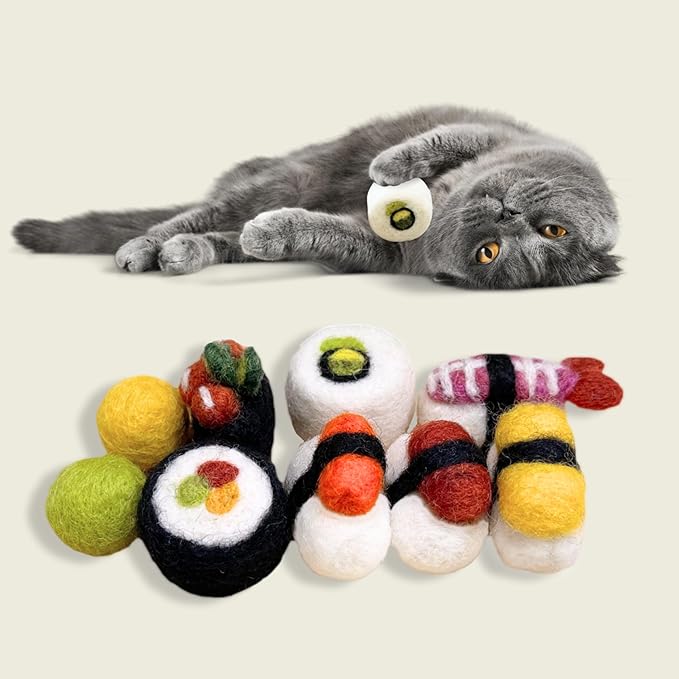 Woolbuddy Cat Sushi Toy, 8pcs, Wool Cat Toy for Boredom & Stimulating, Cute Interactive Toys for Indoor Feline Friends, Self-Play Kitten Toys, Chew Toy, Enrichment Without Catnip