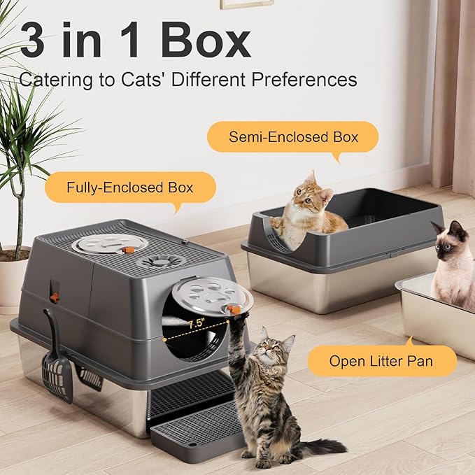 Stainless Steel Cat Litter Box with Lid XL Extra Large Kitty Litter Box Enclosed Top Entry Metal Litterbox for Big Cats Easy Cleaning Anti-Leakage & High Sided with Mat Aisle & Scoop (Dark Grey)