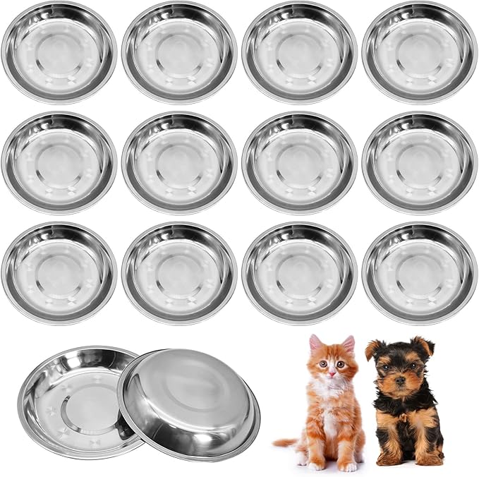 kathson Shallow Stainless Steel Cat Bowls 12 Pcs Whisker Fatigue Cat Dishes Flat Dog Feeding Saucers Pet Food and Water Plate Set for Kitten Puppy and Other Small Animals (6.3 Inch Dia.)