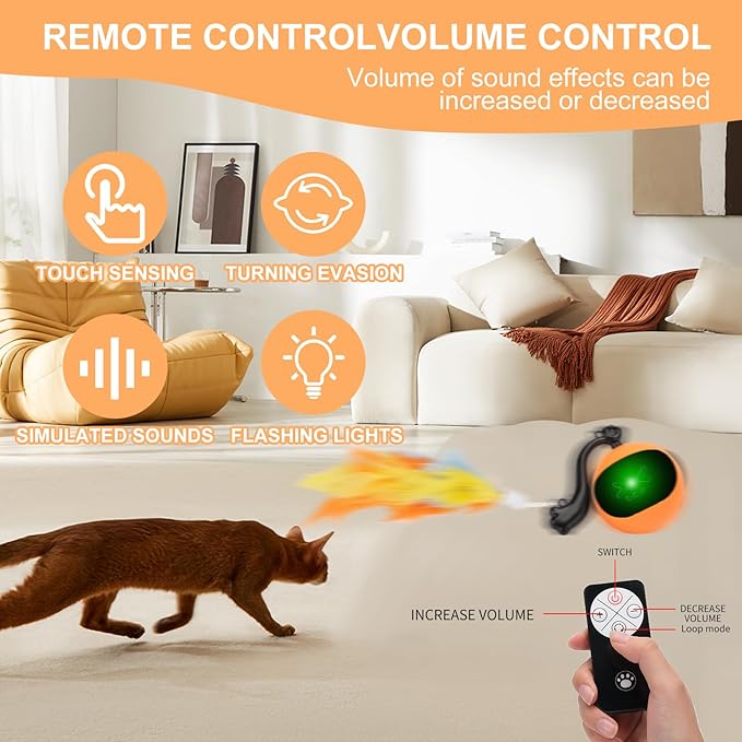 Interactive Cat Toy for Bored Indoor Adult Cats,Rechargeable Automatic Moving Mouse Chase,Smart Remot Control Cat Toy Rolling Ball Speed Moving Tail Blue (Orange)