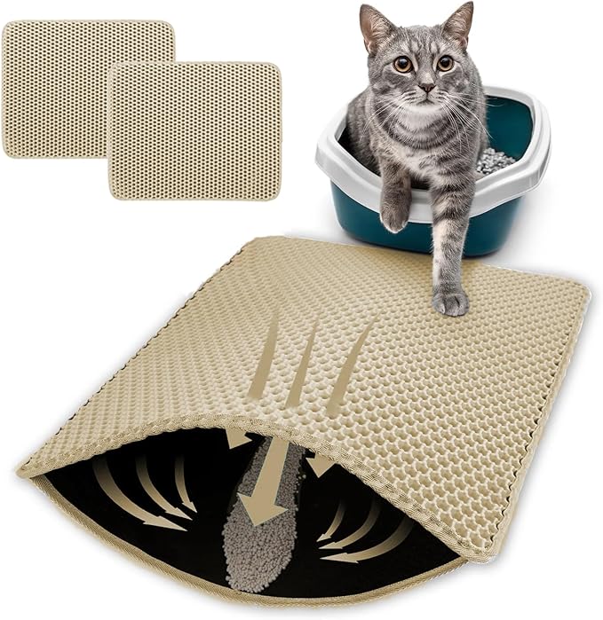 HCY&WLD 2-Pack Cat Litter Mat, Double Layer Honeycomb Waterproof Urine Proof Non-slip Litter Trapping Mat, Less Waste, Easy to Clean Cat Litter Box Mat, Kitty Indoor Supplies (Khaki, 30x22 Inches)
