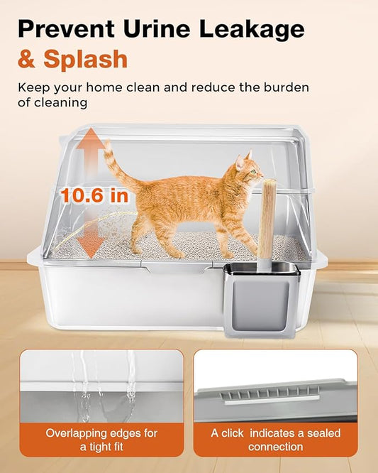 Stainless Steel Litter Box with Lid - Extra Large Cat Litter Boxes for Big Cats with Mat & Scoop - Anti-Leakage, Odor-Proof, High-Sided, Non-Stick＆ Easy to Clean - Ideal for Multi-Cat Homes - White