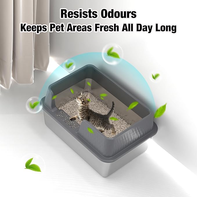 Suhaco Stainless Steel Litter Box Side Entry, Kitty Black Litter Mat and White Scoop Included Covered Metal High Sided Large Cat Litter Box with Lid Removable Enclosure for Medium Cats (Grey)