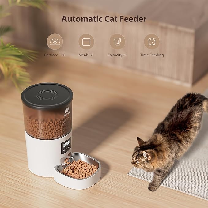 Automatic Cat Feeder, 3L Timed Pet Dry Food Dispenser with Clog-Free Design, Auto Feeder for Cats, 1-6 Meals Per Day, Desiccant Bags, with Stainless Steel