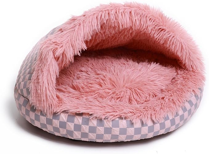 Cat Bed Hooded Plush Nest with Self-Warming Cozy Cave, Calming Anti-Anxiety Pet Bed for Indoor Cats & Small Dogs, Removable Washable Cover & Waterproof Bottom - Pink