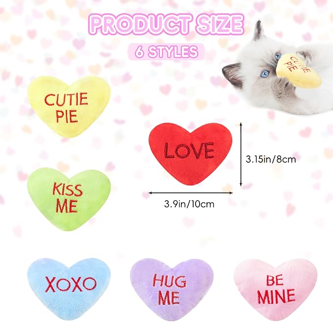 6pcs Valentine's Day Heart Catnip Toy，Valentines Indoor Heart Shaped Cat Toy Plush Interactive Chew Bite Toys for Cat Kitten Indoor Festive Holiday Cat Lover Gift