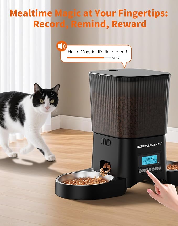 HoneyGuaridan Automatic Cat Feeder for 2 Cats, Automatic Cat Food Dispenser, Timed Pet Feeder for Cats and Dogs, Desiccant Bag, Programmable Portion Control,10s Voice Recorder