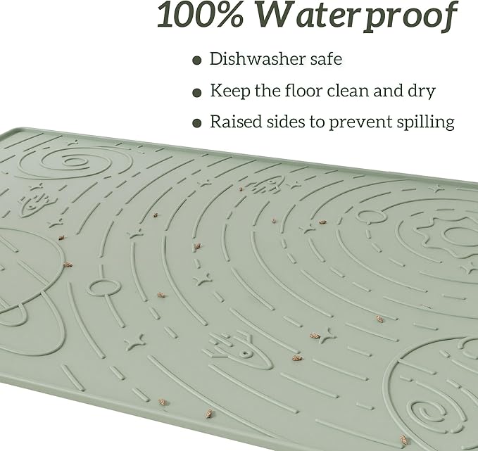 OHMO Dog Food Mat, Silicone Waterproof Cat Food Mat, Non-Skid Spill Proof Pet Feeding Mat for Food and Water, Easy to Clean Dog Placemat(Sage Green, 18.9" x 11.8")