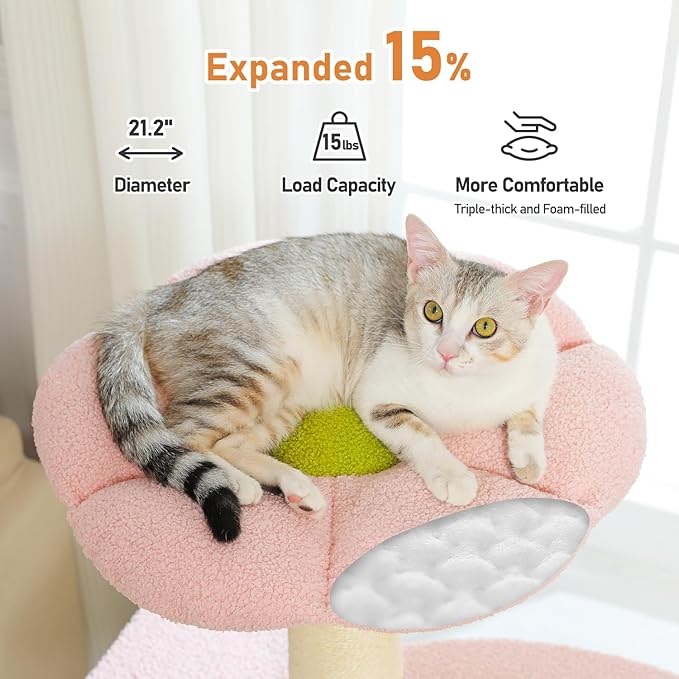 50" Pink Flower Cat Tree for Large Heavy Cats, Maine Coon Cat Tower with Extra Thick Scratching Posts (φ4.3in), Spacious Cat Condo for Big Cats 20 lbs, Soft Top Bed-Green