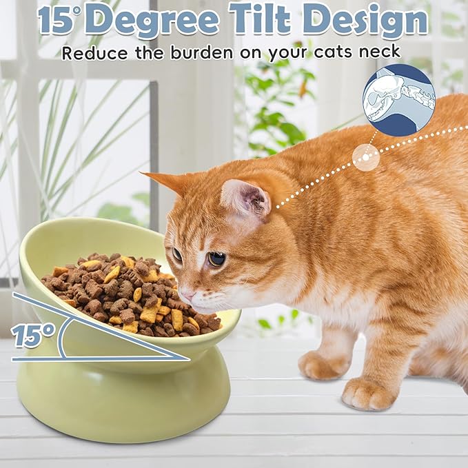 kathson 4 Pcs Ceramic Raised Cat Bowls, Elevated Tilted Cat Food Bowl, Anti Vomiting Pet Food Bowl, Colorful Porcelain Pet Feeder Dish for Cats and Small Dogs, Stress Free(Blue,Green,Yellow,Pink)