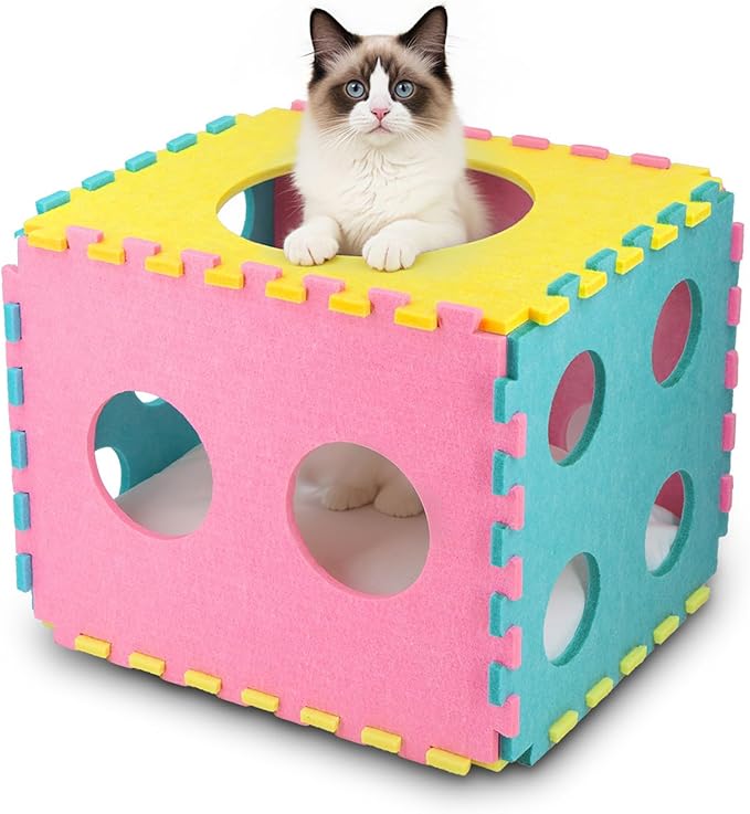 Cat Houses for Indoor Cats, Cute Cat Bed Cave with Soft Pillow, Cat Cube for Multiple Large Cats, Fun Dice Shaped, 17 Inches