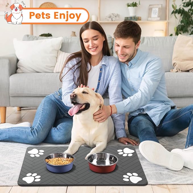 Pet Feeding Mat-Absorbent Pet Placemat for Food and Water Bowl, with Waterproof Rubber Backing, Quick Dry Water Dispenser Mat for Dog and Cat (12"x20", Beige)