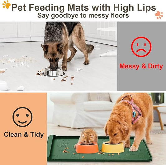 Dog Food Mat - Silicone Dog Mat for Food and Water - 36" x 24" Large Pet Feeding Mats with Residue Collection Pocket - Waterproof Dog Cat Bowl Mat with High Edges to Prevent Water Food Spills (Green)