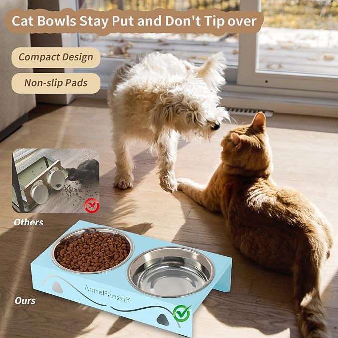 2 Pack Cat Food Bowls - Indoor Set with Metal Stand,5° Tilted Anti Vomiting Wide Raised Pet Dish, Cute Elevated Cat Feeding Station for Food Water, 4 Stainless Steel Bowls for Kitten, Puppy,Blue