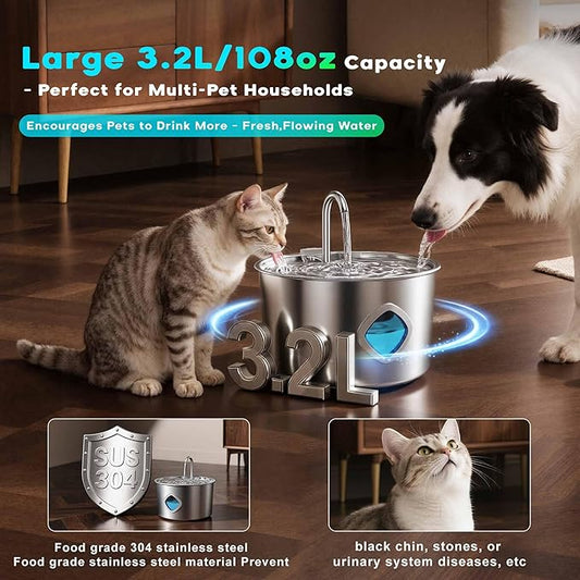 Pawdrate 3.2L/108oz Stainless Steel Dog Water Fountain, Automatic Pet Water Bowl Dispenser with Quadruple Filtration, Ultra-Quiet Circulating Cat and Dog Drinking Fountain