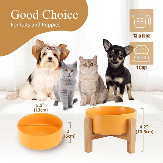 Elevated Ceramic Cat Bowl - Cat Food Bowl with Bamboo Stand - Raised Dog Dish for Puppies - Anti Vomiting, Stress Free - 13.5 oz / 400 ml - Yellow