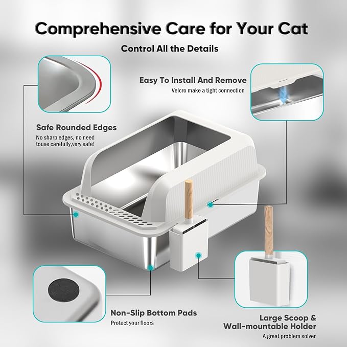 Stainless Steel Cat Litter Box with Lid, XL Large Litter Box for Big Cats, Enclosed Kitty Litter Pan with High Sides, Anti-Leakage&Non-Stick, Easy to Clean, Included Scoop, Aisle and Mat White
