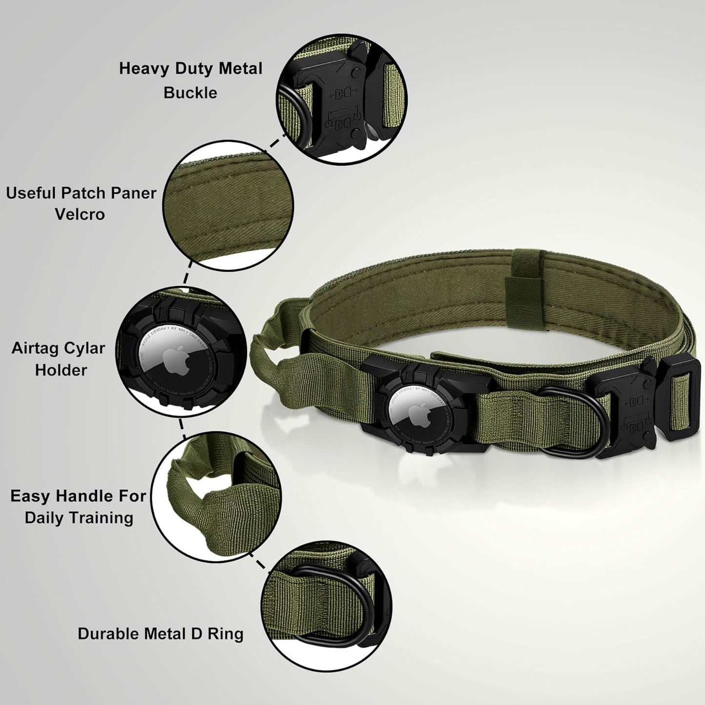 Tactical AirTag Dog Collar Leash Set - Heavy Duty, Adjustable GPS Collar Compatible with Apple AirTag, with Holder & Control Handle for Medium/Large Dogs [ Green, L ]